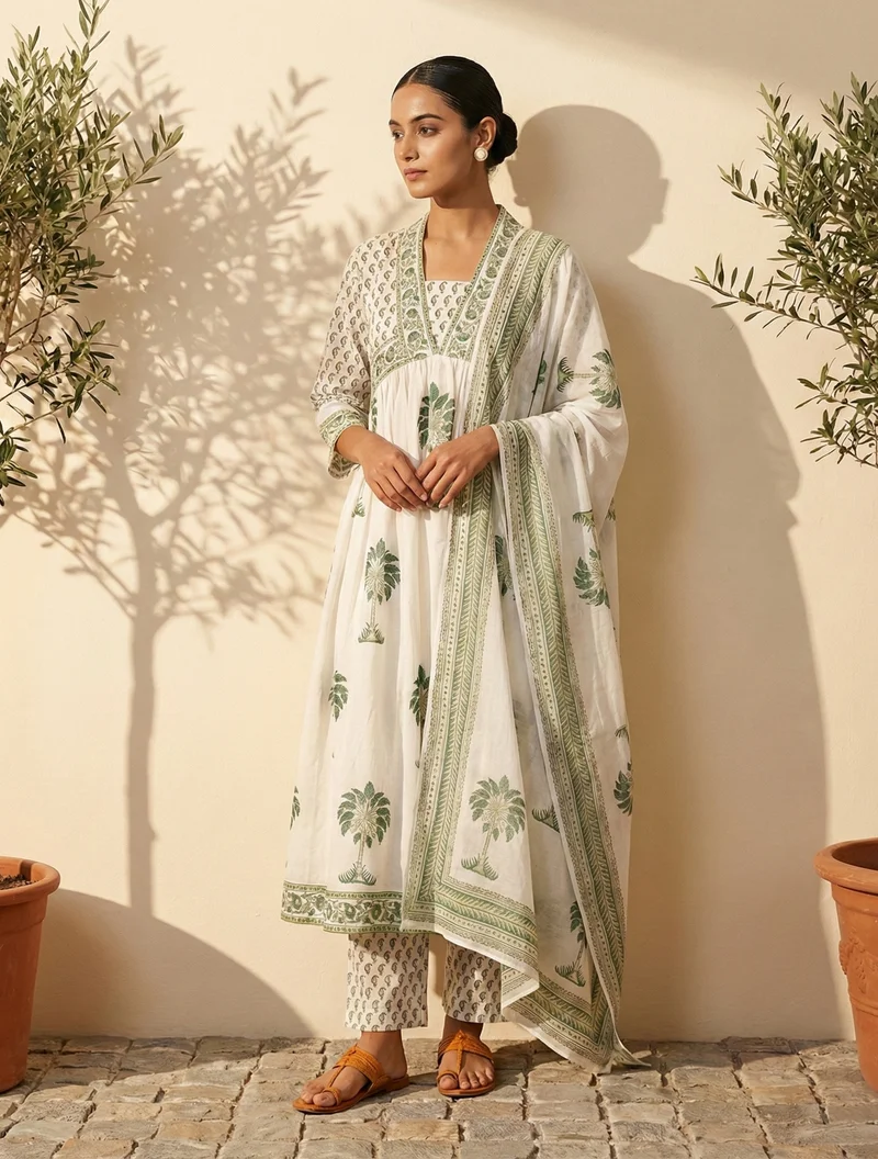 ترو برونز trueBrowns White Green Printed Anarkali Kurta Pant Dupatta Set